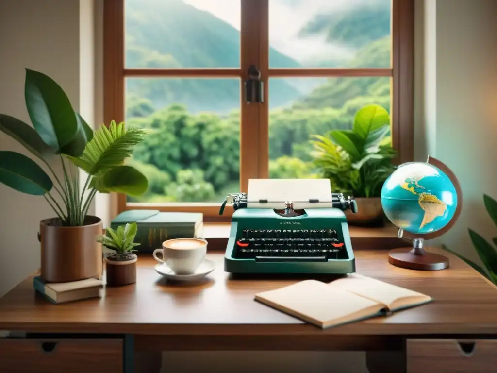 Un acogedor espacio de trabajo para nómadas digitales con escritorio de madera, máquina de escribir, libros antiguos, globo terráqueo y taza de café, rodeado de plantas verdes y ventana soleada con paisaje natural