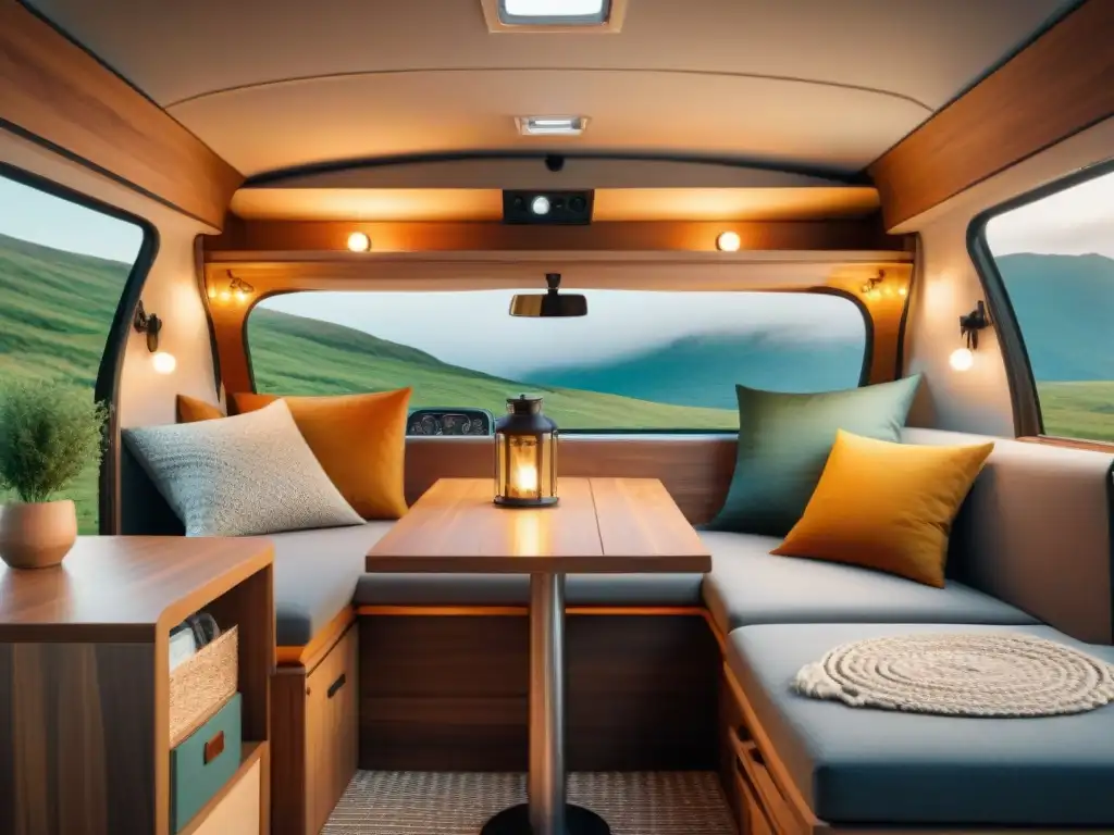 Un acogedor interior de furgoneta camper, con soluciones de almacenamiento inteligentes y una cálida atmósfera hogareña