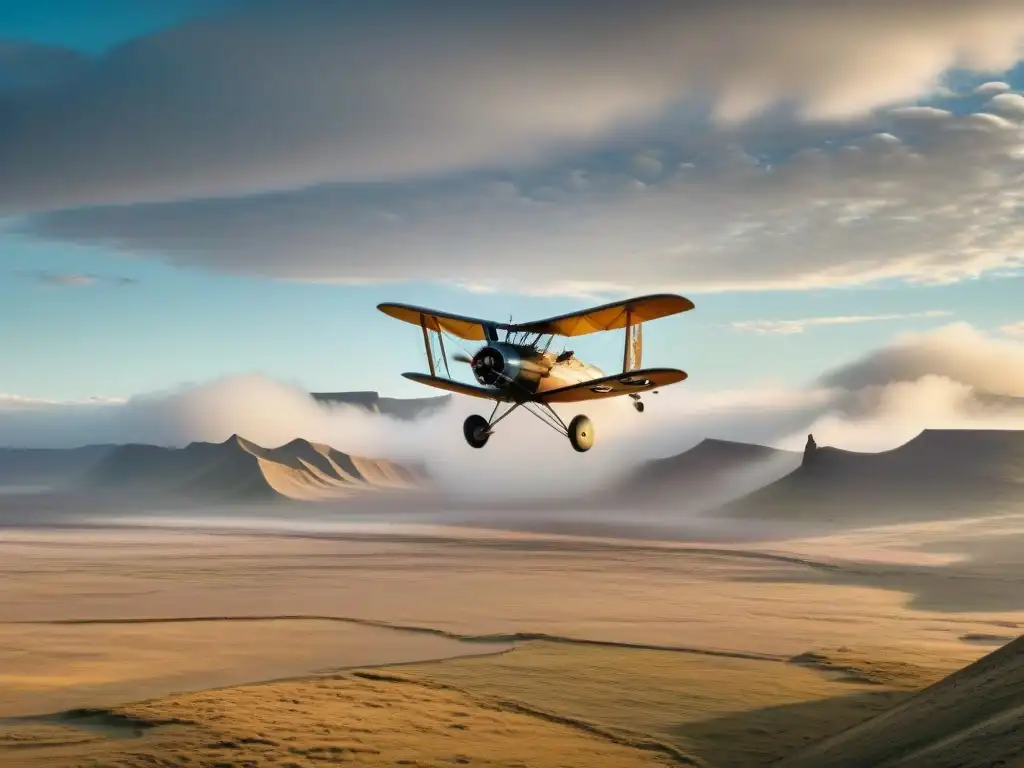 Una fotografía aérea de una avioneta vintage surcando el paisaje de estepa con tribus nómadas