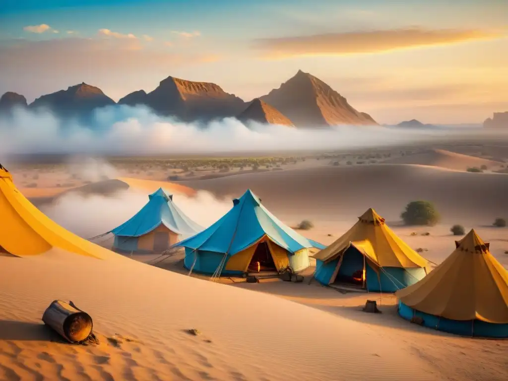 Una fotografía aérea de tribus nómadas con coloridas tiendas en un desierto dorado, reflejando la riqueza cultural