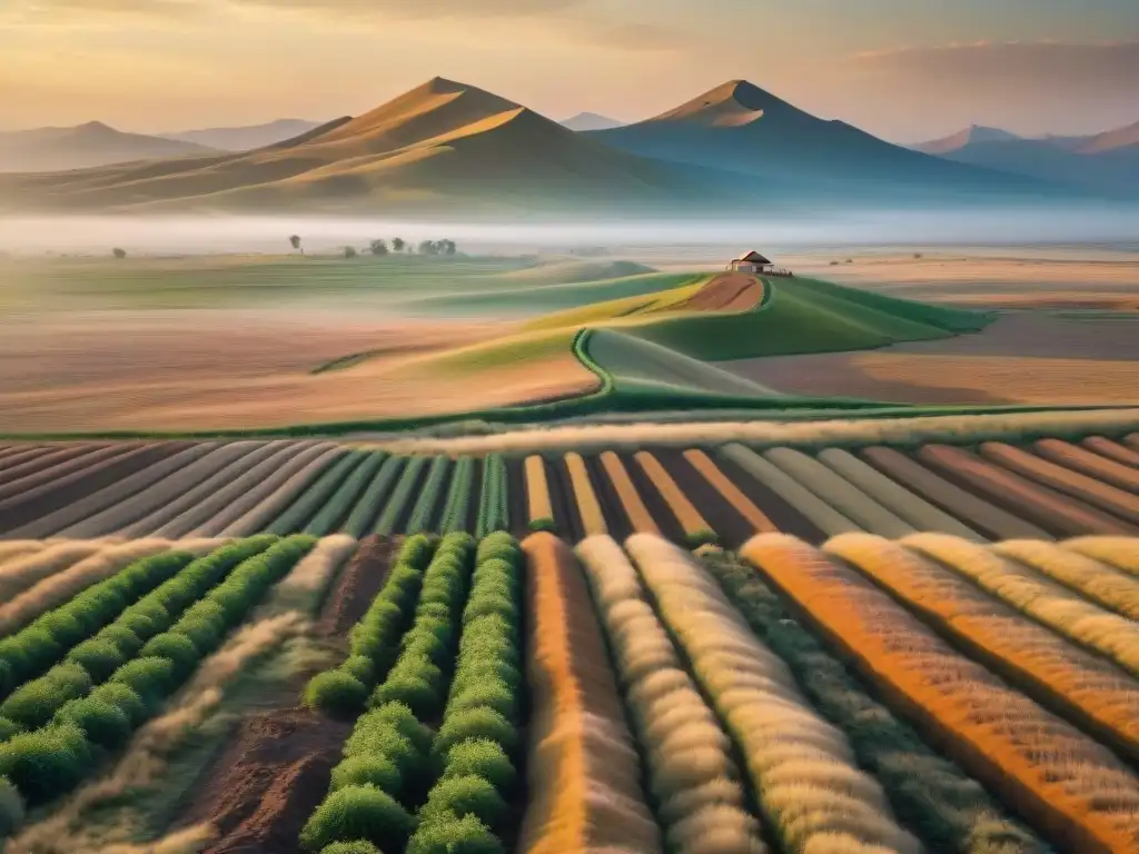 Un agricultor solitario en las estepas doradas practica métodos sostenibles, simbolizando esperanza y trabajo duro