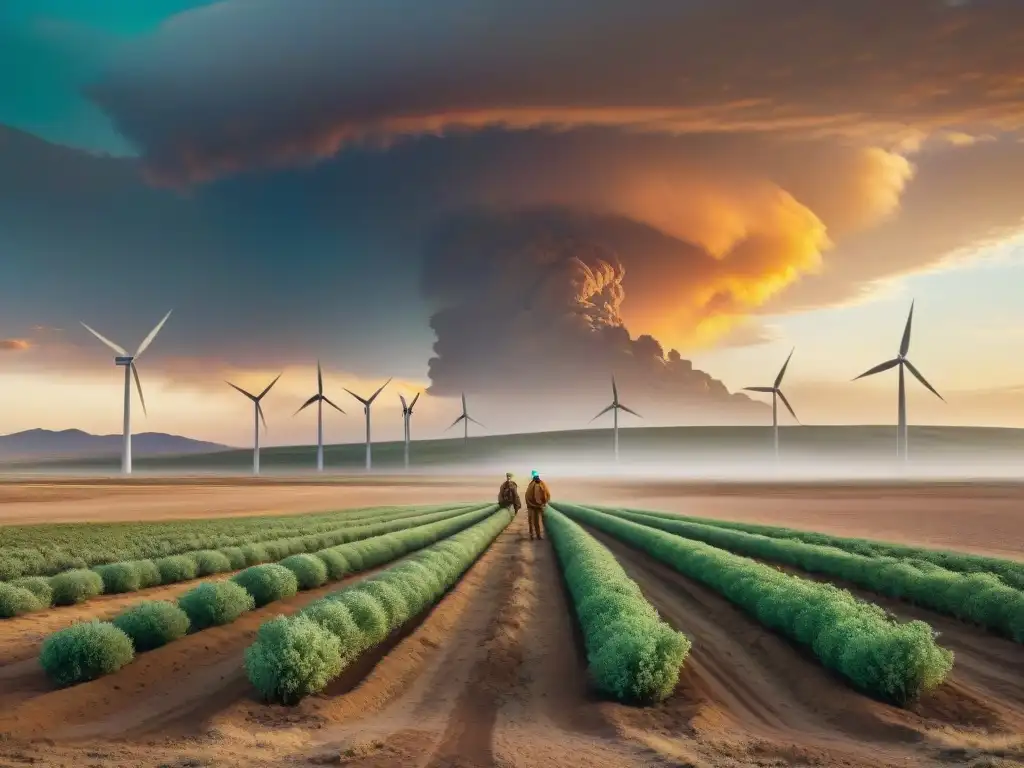 Campesinos resilientes cosechando en la estepa árida Una ilustración vintage muestra a agricultores resilientes cosechando cultivos en estepas áridas al atardecer