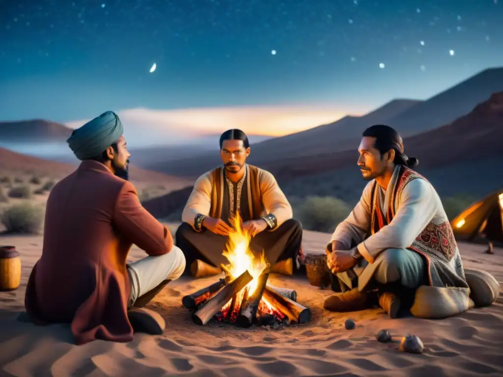 Alianzas entre líderes nómadas, pactos y traiciones alrededor de la fogata en el desierto estrellado
