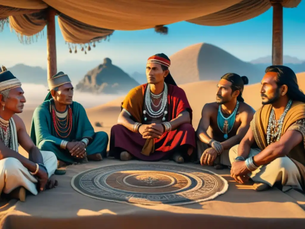 Alianzas entre líderes nómadas: una reunión en el desierto, expresiones de determinación y diplomacia en sus rostros
