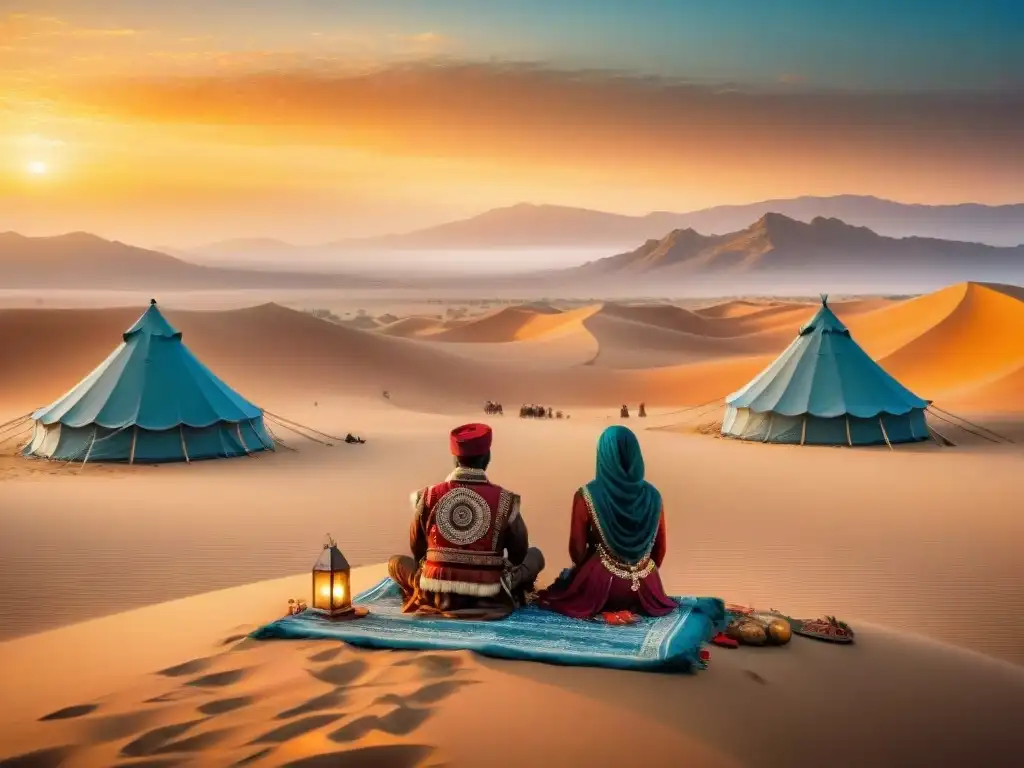 Alianzas matrimoniales entre líderes de tribus nómadas en ceremonia tradicional en el desierto al atardecer