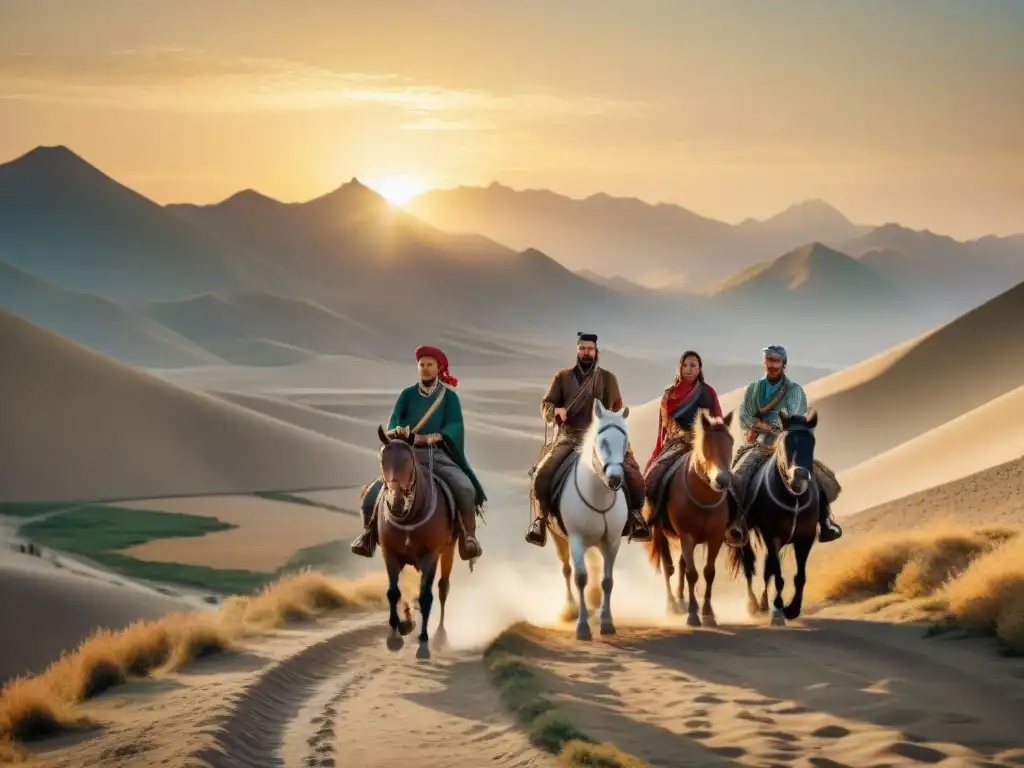 Alianzas nómadas en la Ruta: Tribus en caballo cruzando la Ruta de la Seda al atardecer