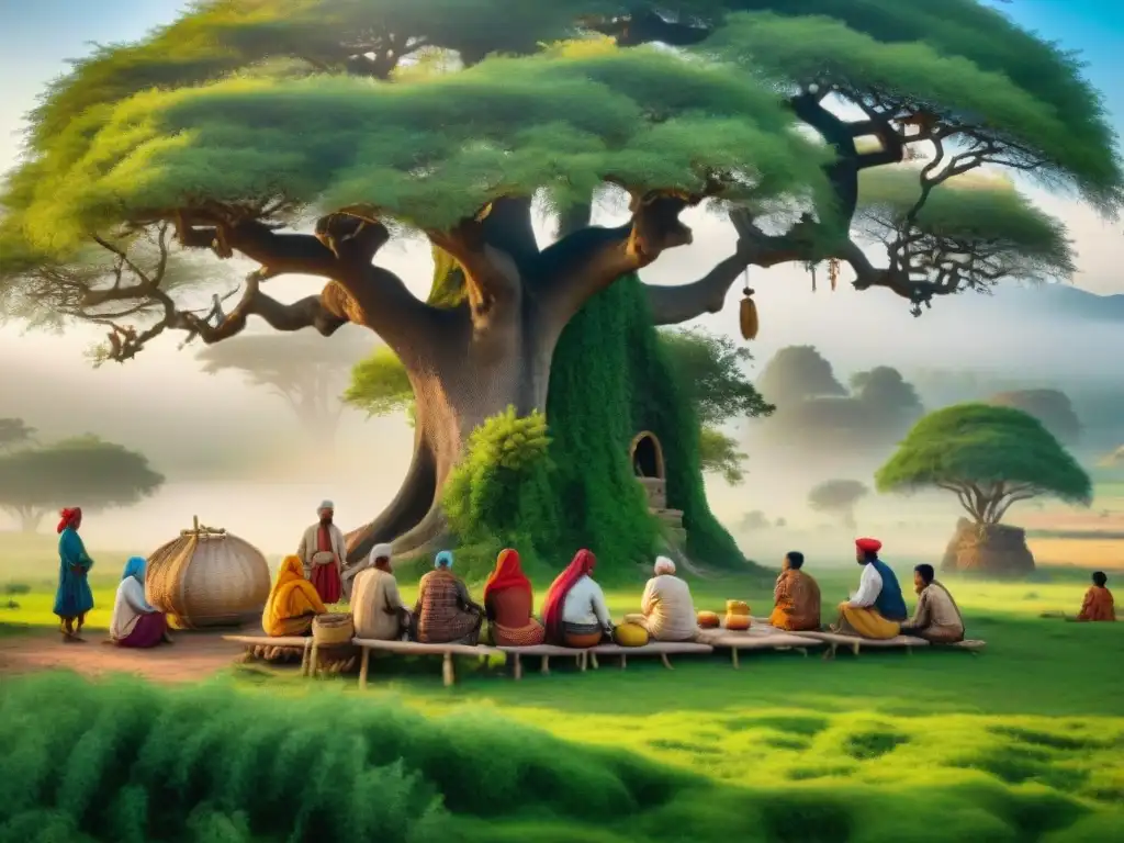 Alianzas nómadas sedentarios negociación conflictos: Negociación entre nómadas y sedentarios bajo un árbol antiguo en un paisaje diverso y exuberante