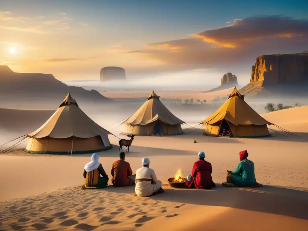 Alianzas nómadas sedentarios negociación conflictos: Escena de negociación entre nómadas y sedentarios en el desierto al atardecer