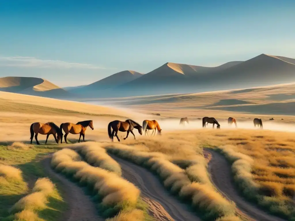 Amplias estepas doradas, caballos salvajes pastando bajo cielo azul