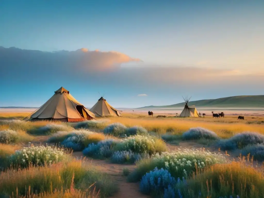 Amplias estepas doradas con campamento de tribu nómada al fondo, resaltando la importancia de áreas protegidas para tribus nómadas