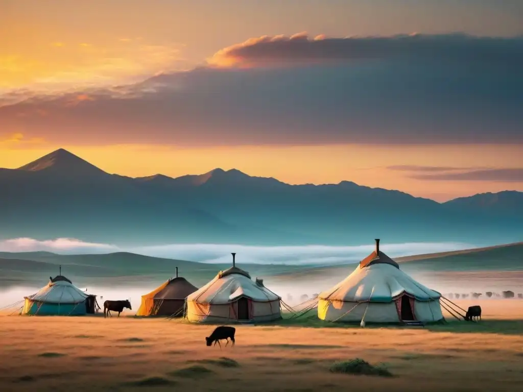 Amplias estepas con yurtas de tribus nómadas bajo un atardecer vibrante, reflejando la importancia de áreas protegidas