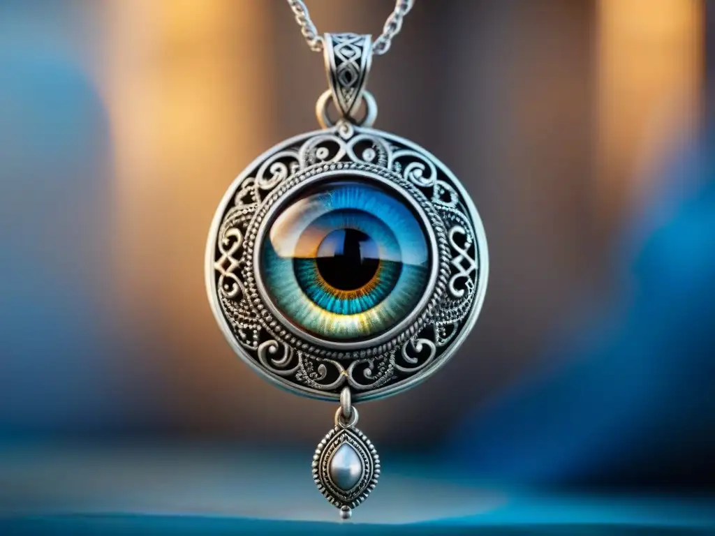 Un amuleto de plata en forma de ojo protector, con símbolos antiguos y filigranas detalladas en azul vibrante que emana poder y cultura