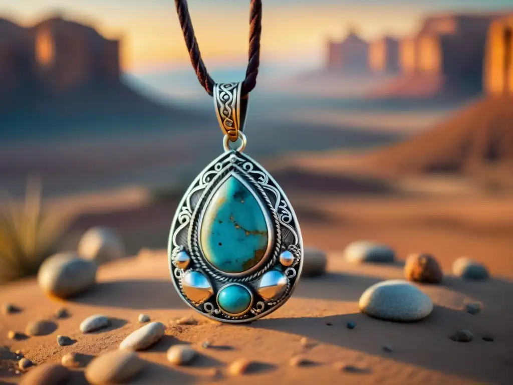 Amuleto vintage de plata y turquesa, con símbolos de protección mágica, en desierto al atardecer