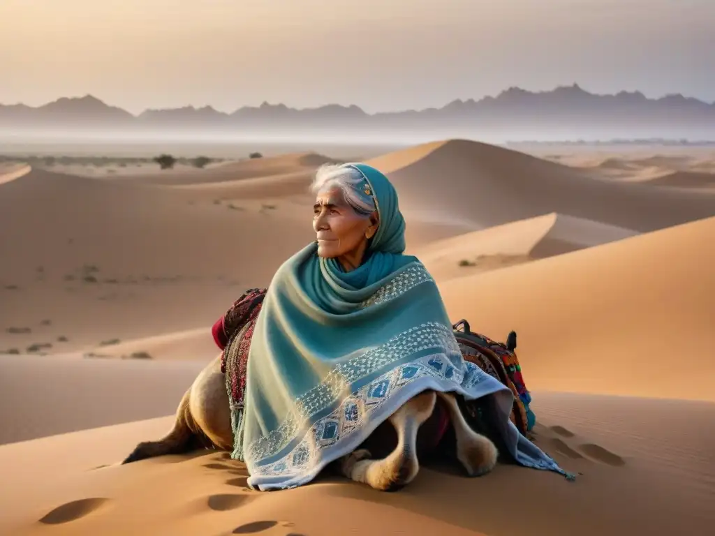 Anciana nómada con sabiduría ancestral en desierto al atardecer