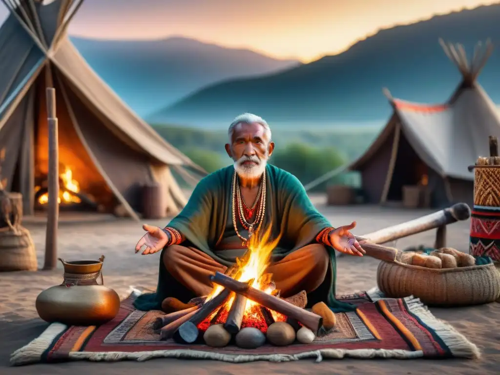Anciano de tribu nómada comparte costumbres con jóvenes alrededor de fogata, enriqueciendo sabiduría ancestral