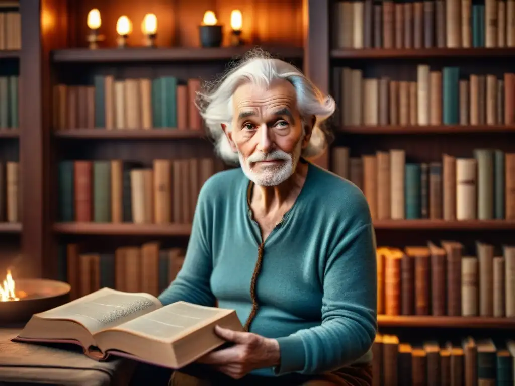 Un anciano cuentacuentos en una biblioteca acogedora, preservando la historia a través de la narración