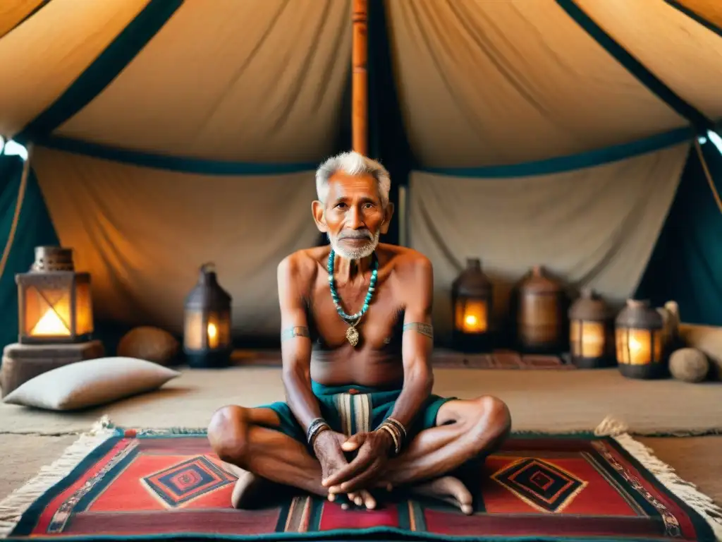 Anciano líder tribal nómada con rostro surcado de arrugas y tatuajes tradicionales, joyas de plata, sentado en una tienda rústica