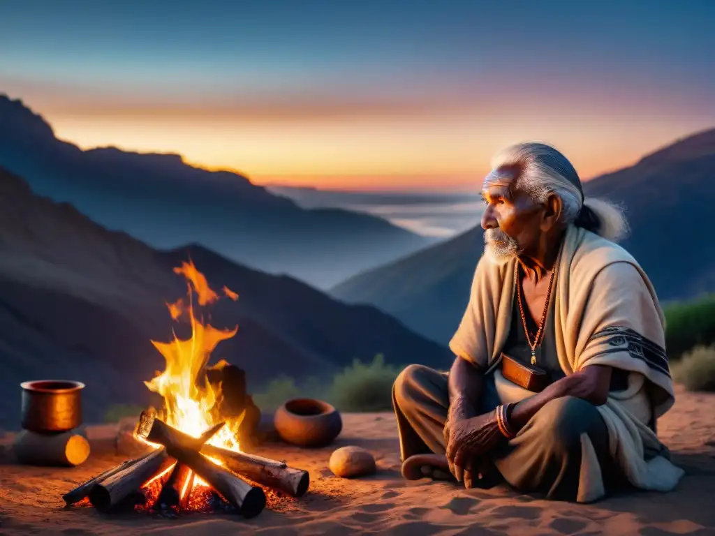 Un anciano líder tribal comparte sabiduría junto a la hoguera en la noche estrellada