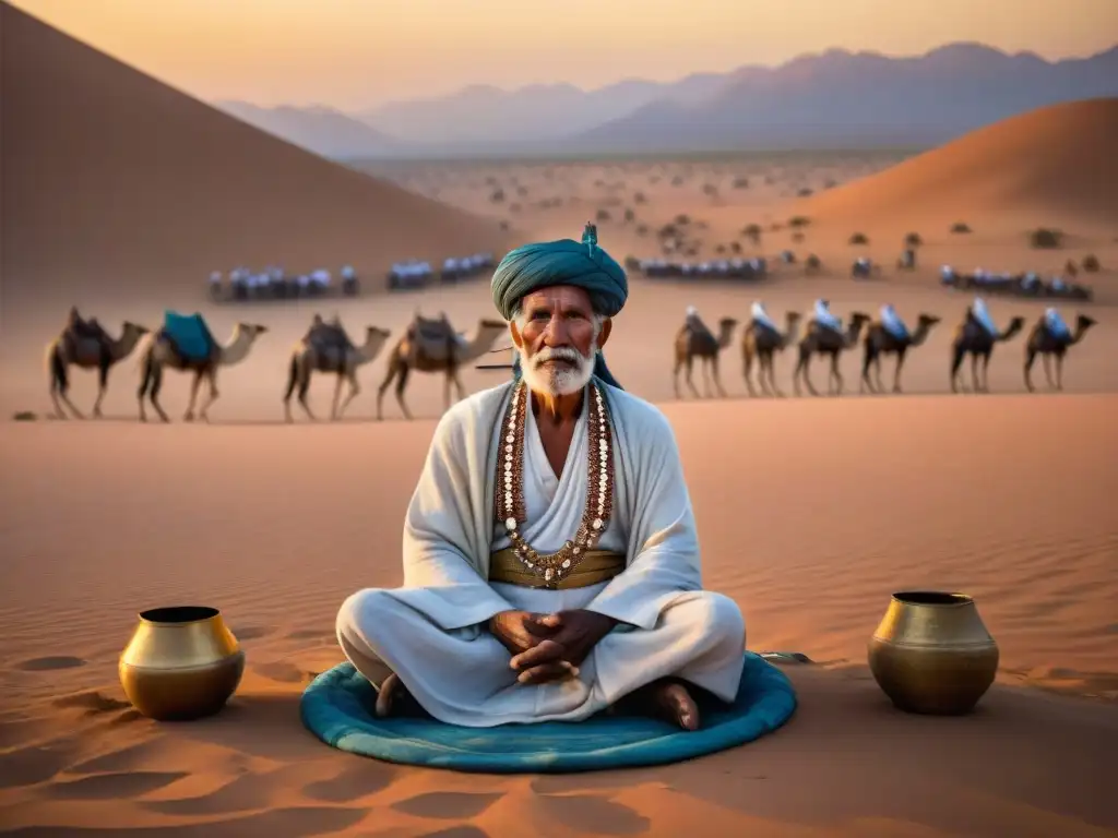 Un anciano líder de una tribu nómada guía a jóvenes en un ritual al atardecer en el desierto