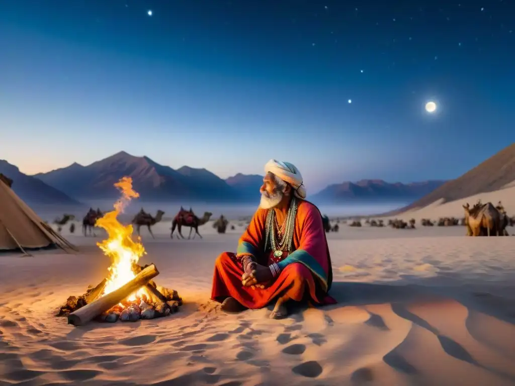 Anciano narrador nómada comparte tradición oral tribus nómadas bajo la luna llena en desierto