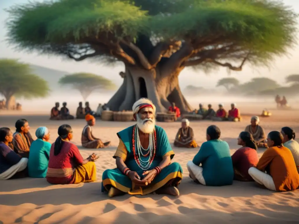 Un anciano narrador tribal, rodeado de una audiencia hipnotizada bajo un árbol ancestral al atardecer