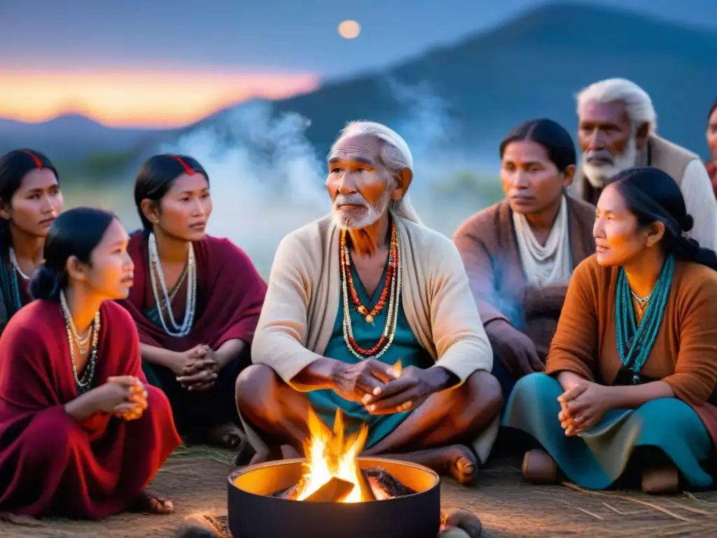 Narrador tribal comparte sabiduría ancestral junto al fuego Anciano narrador tribal comparte sabiduría junto al fuego bajo las estrellas, creando un momento de importancia historias orales tribus