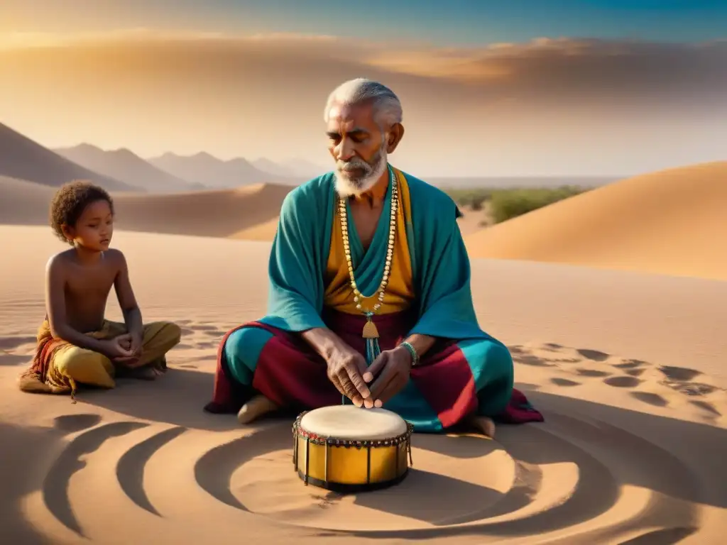 Un anciano sanador nómada, rodeado de personas diversas, tocando un tambor en un oasis del desierto al atardecer