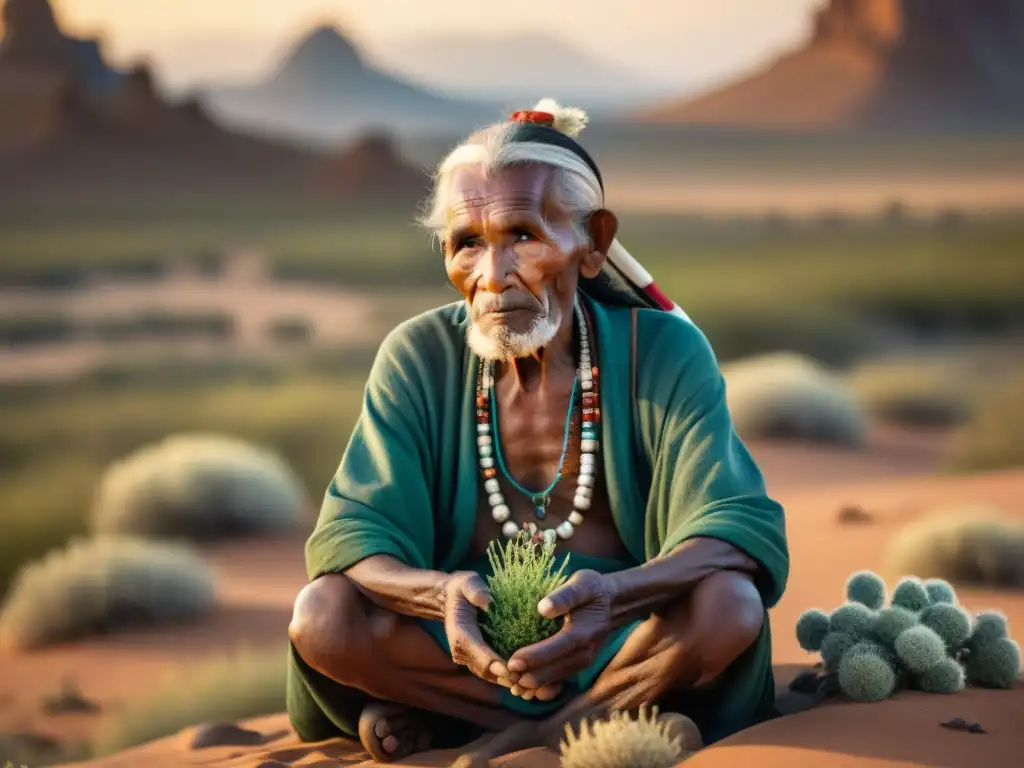 Un anciano sanador tribal selecciona hierbas medicinales en la estepa, reflejando la conservación plantas medicinales tribus nómadas