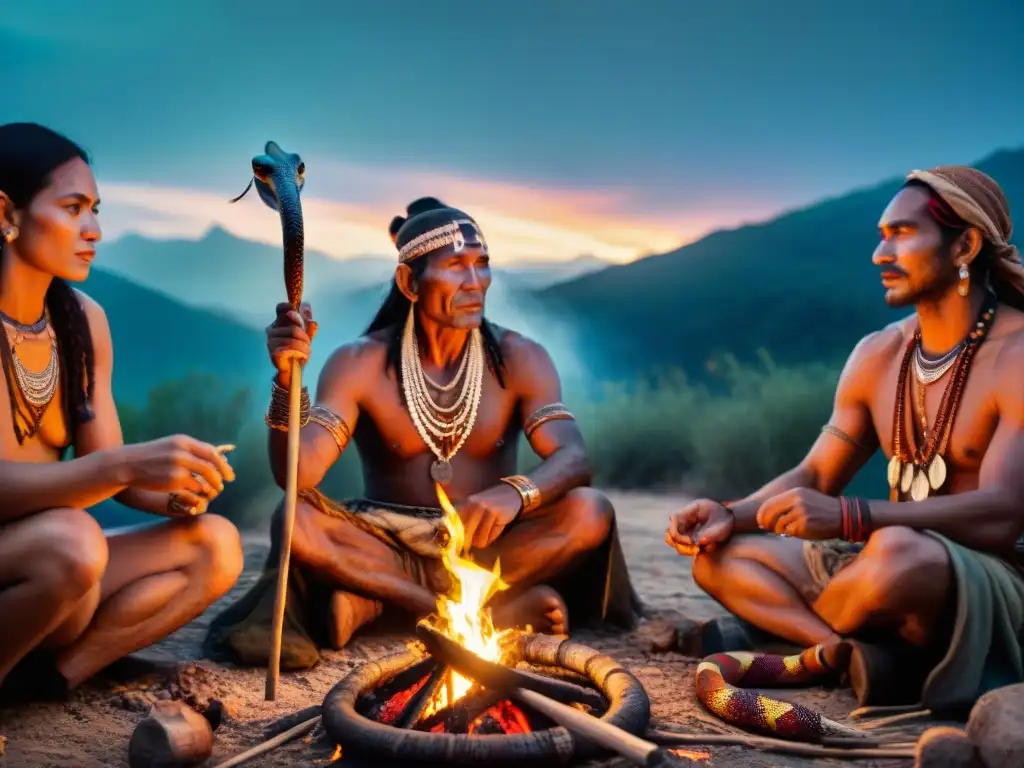 Chaman contando historias junto a tribu nómada alrededor de fogata Un anciano chamán nómada relata el significado simbólico de la serpiente en su mitología, iluminado por el fuego nocturno