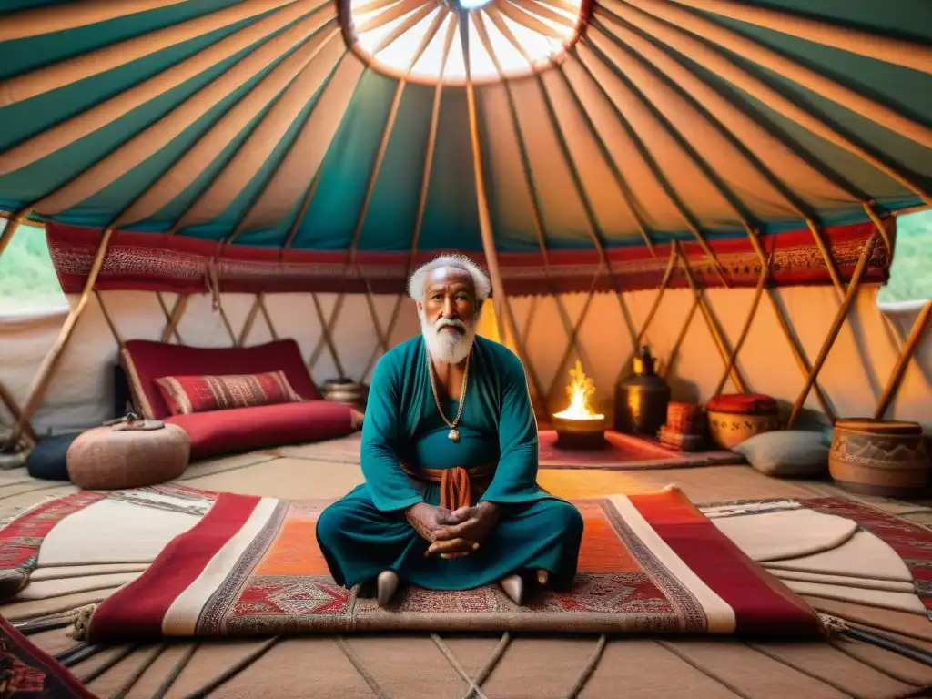 Un anciano tribal entona un cántico tradicional rodeado de su tribu en una yurta