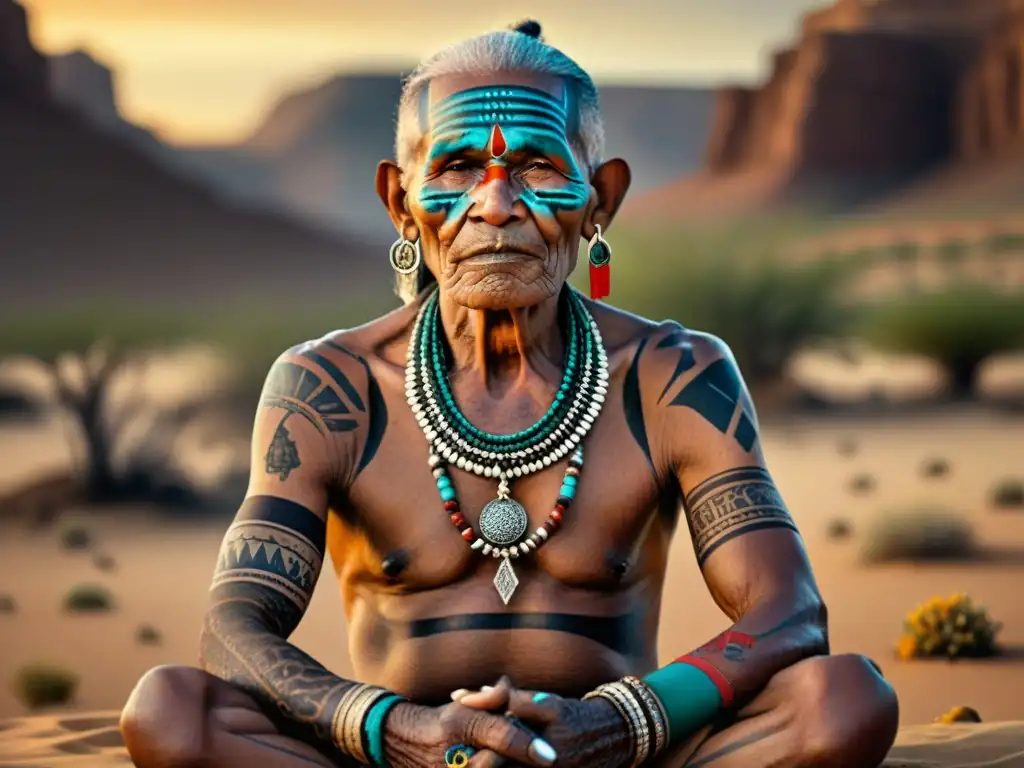 Un anciano tribal nómada con tatuajes y pinturas corporales únicas, rodeado de su comunidad en el desierto