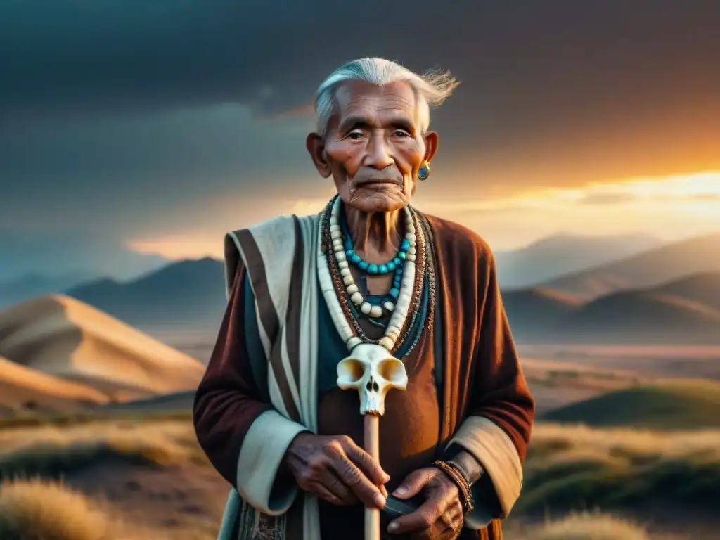 Un anciano de una tribu nómada con una brújula de hueso y cuero, en las estepas al atardecer