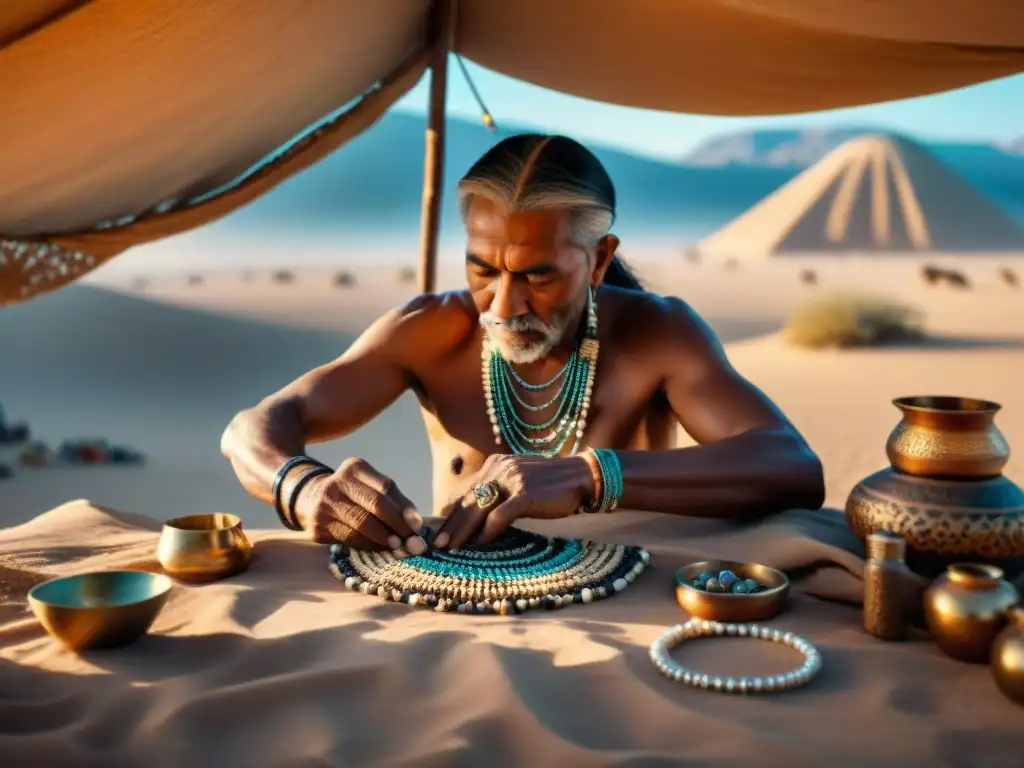 Un anciano de la tribu nómada elabora joyería bajo la carpa en el desierto, mostrando la antigua orfebrería nómada significado historia