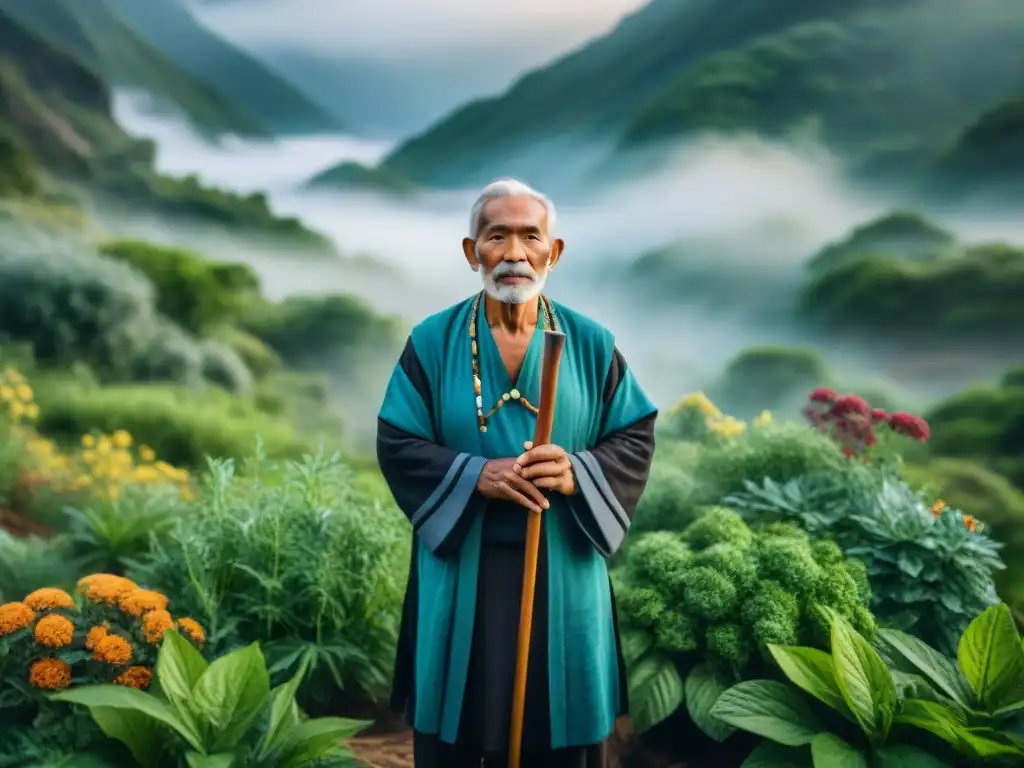 Sabiduría ancestral: anciano de tribu nómada en jardín herbal Anciano de tribu nómada con conocimiento herbal, inspeccionando hierbas en jardín exuberante