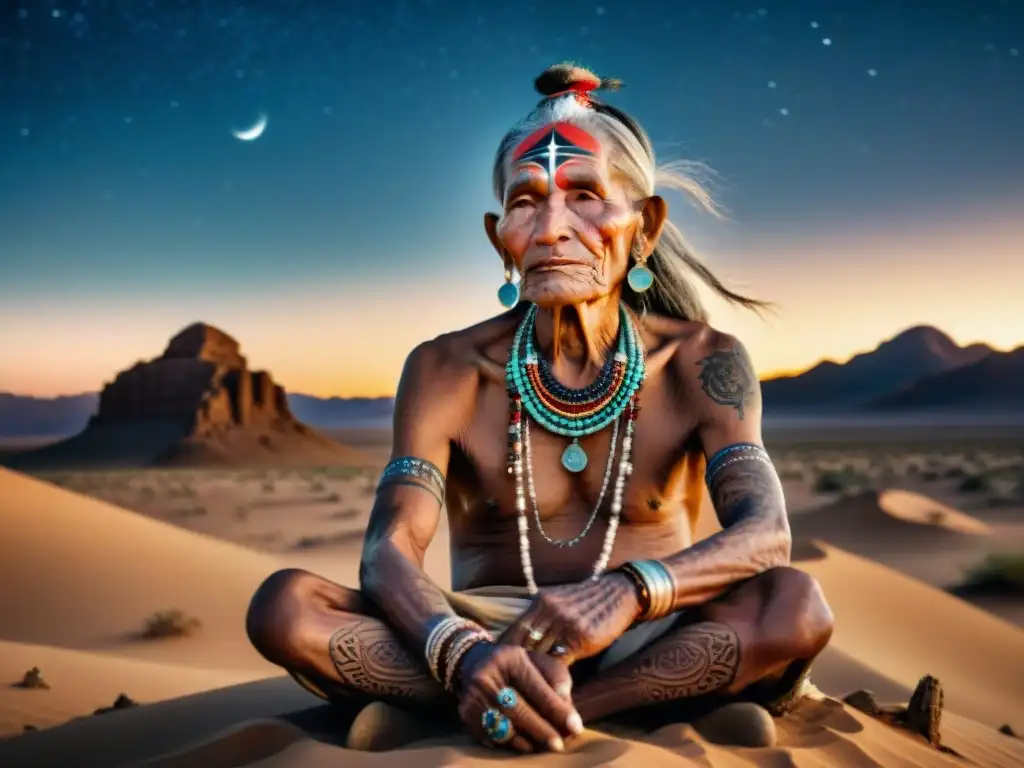 Un anciano de una tribu nómada en el desierto bajo un cielo estrellado, con significativos adornos tradicionales tribales