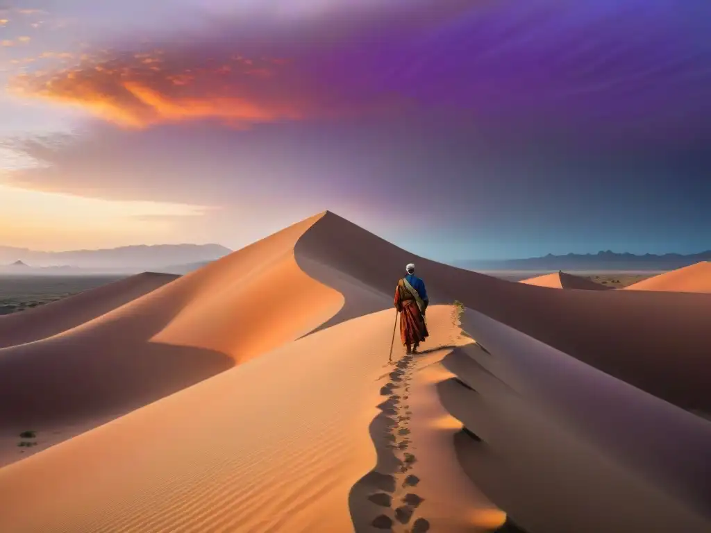 Anciano de tribu nómada en desierto al atardecer, muestra resistencia y conexión a la tierra