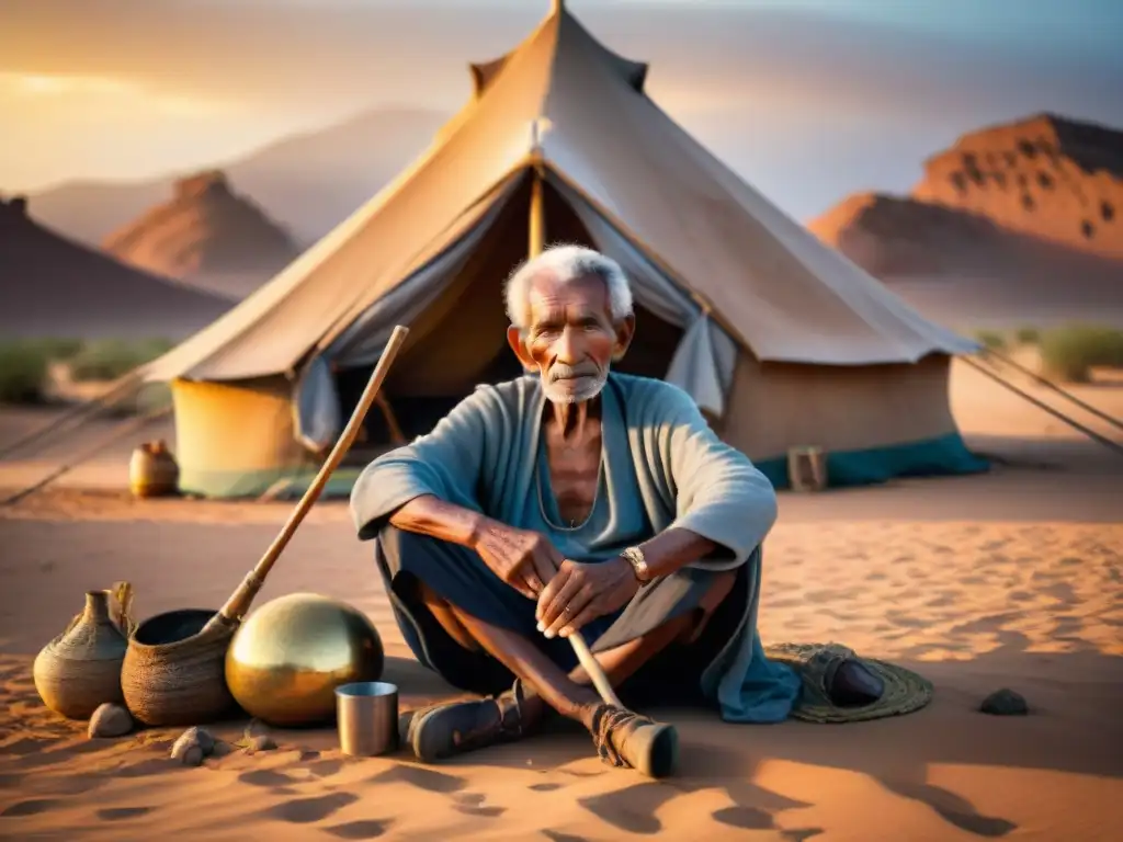 Anciano de tribu nómada en desierto al atardecer, mostrando sabiduría y resiliencia