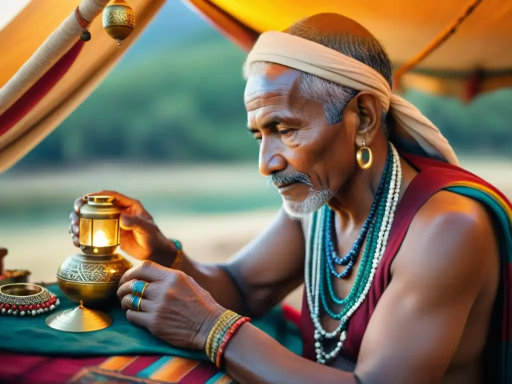 Un anciano de una tribu nómada tejiendo una joya tradicional con gemas coloridas y cuentas