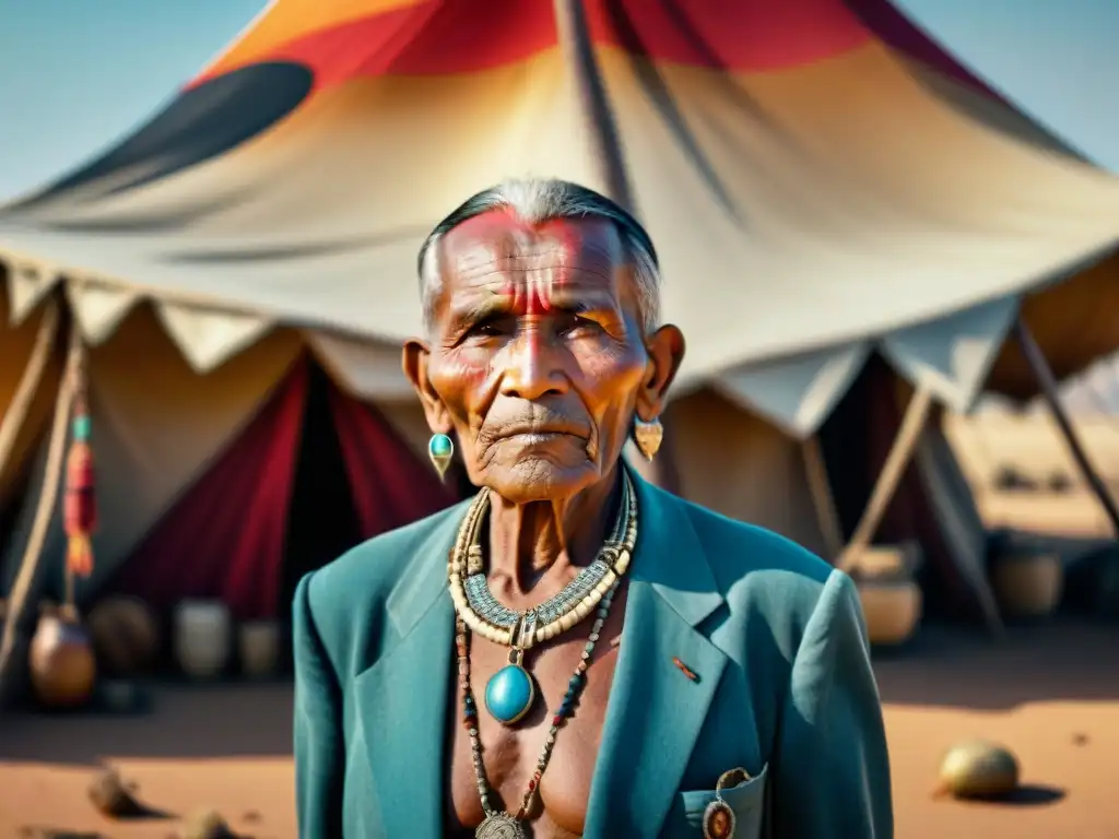 Anciano de tribu nómada con joyas, sabiduría y cultura en desierto