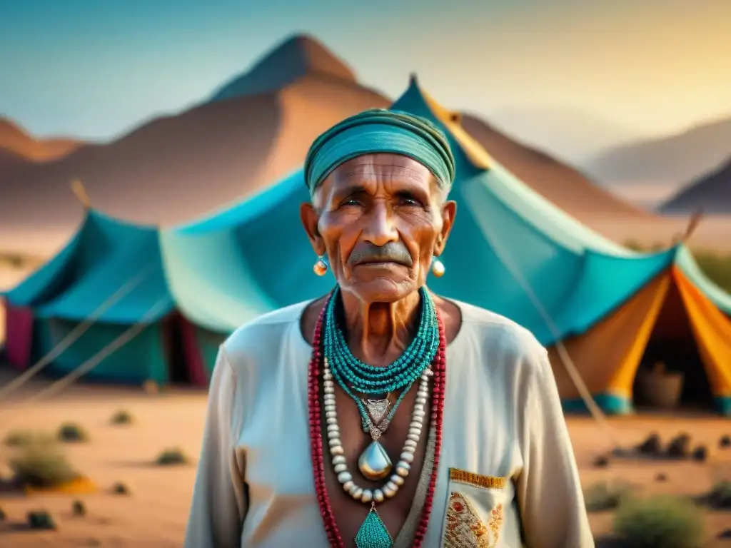 Anciano de tribu nómada con joyas tradicionales en desierto