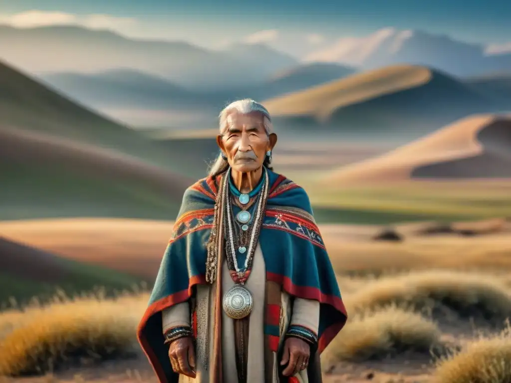 Anciano de tribu nómada con rica ropa tradicional en la estepa ventosa