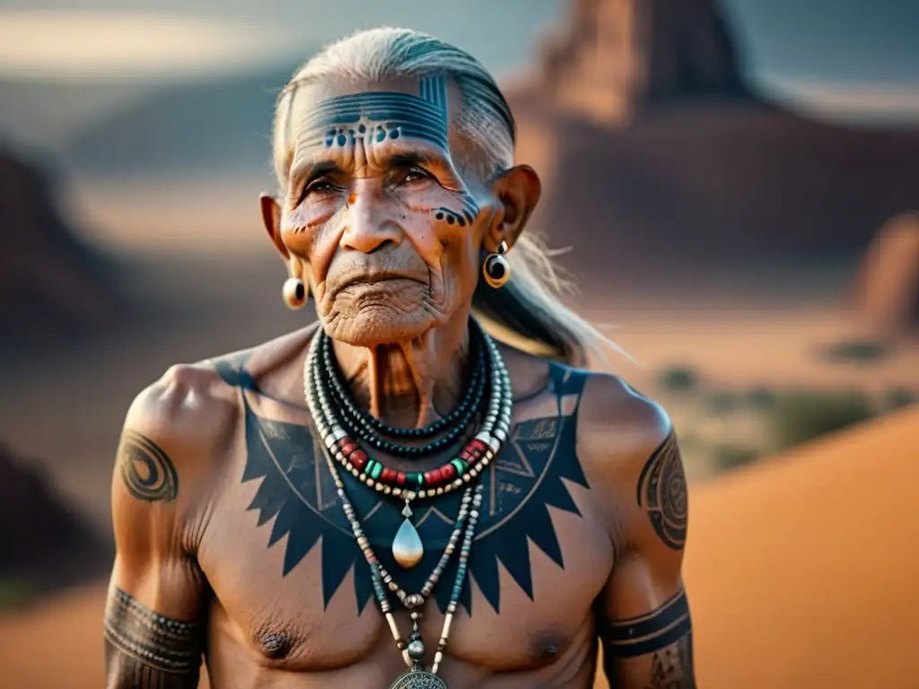 Un anciano de una tribu nómada con tatuajes que narran su historia y tradición