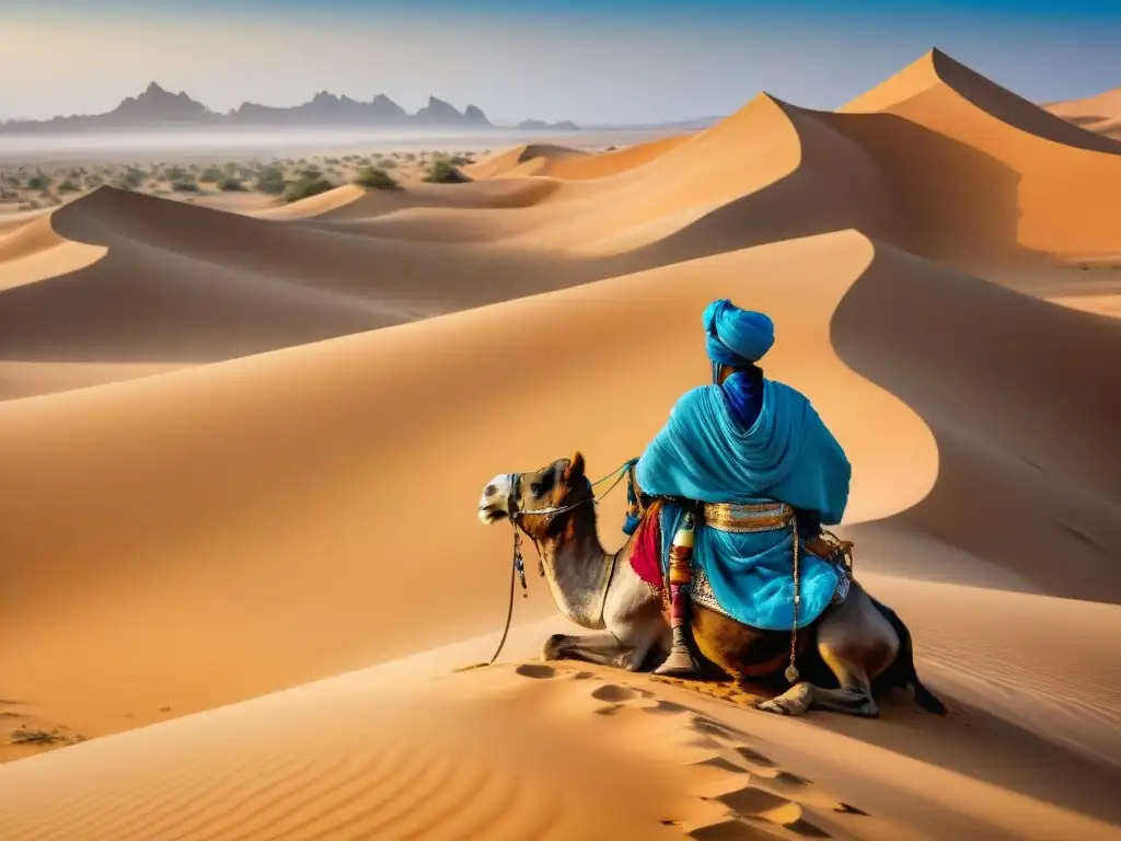 Un anciano Tuareg en el desierto del Sahara, con joyas de plata y turbante azul, montado en un camello