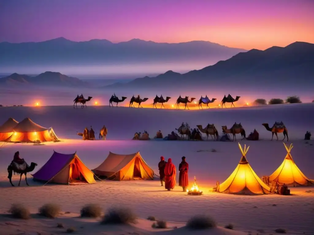 Fotografía nómada vida sin anclajes: Tribu nómada montando campamento al anochecer en el desierto, iluminados por lámparas