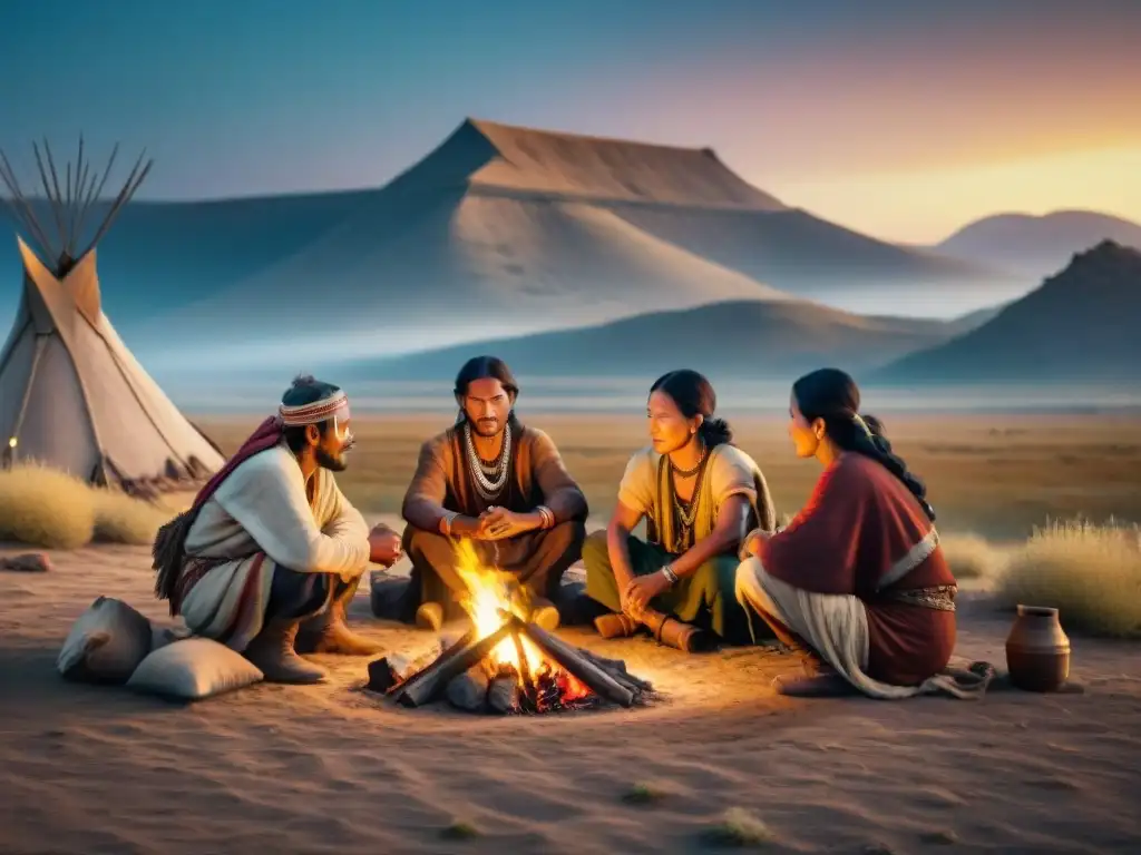 Conversación animada de tribus nómadas antiguas alrededor de fogata en la estepa bajo cielo estrellado, con ruinas y montañas lejanas