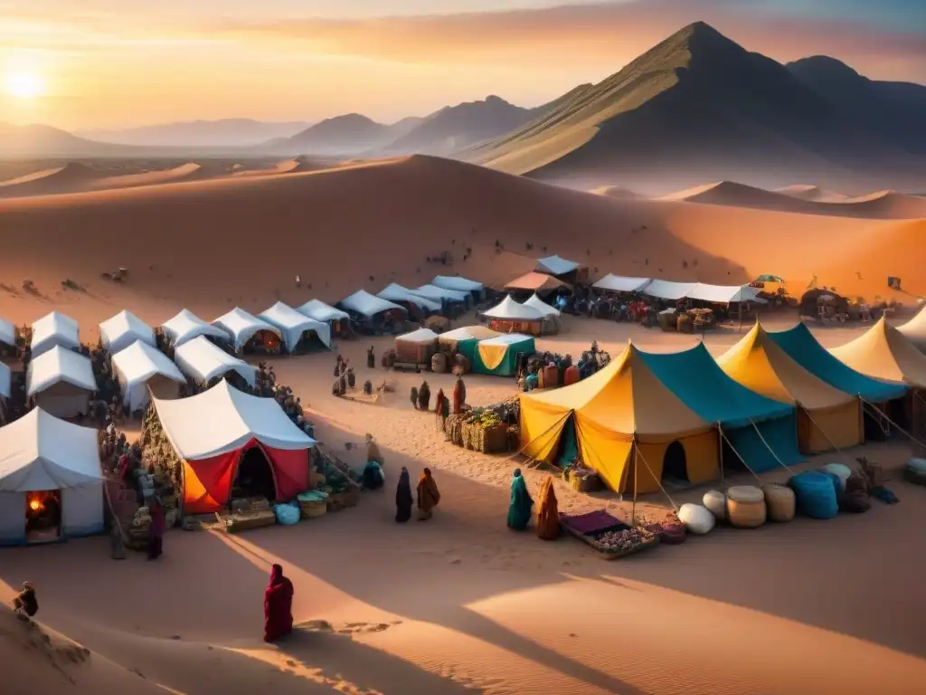 Animado mercado nómada en el desierto al atardecer con comercio de textiles, especias y ganado