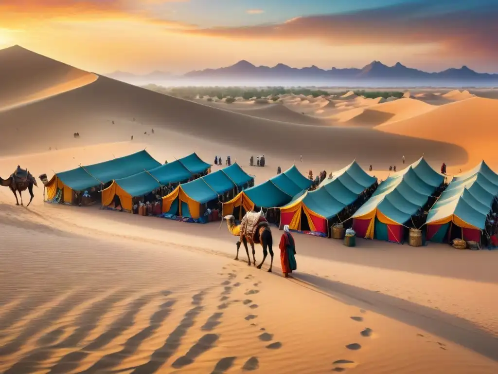 Un animado mercado nómada en el desierto al atardecer, con tribus en comercio moderno