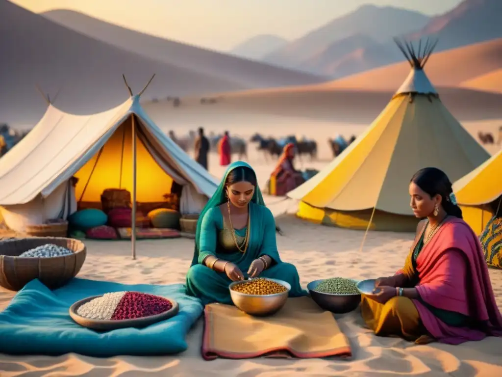 Animado mercado nómada con mujeres atendiendo gusanos de seda en el desierto al atardecer