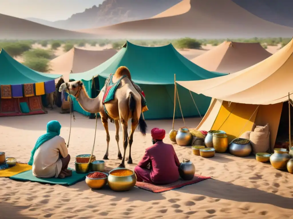 Un animado mercado en un oasis del desierto con comercio nómada bajo toldos coloridos