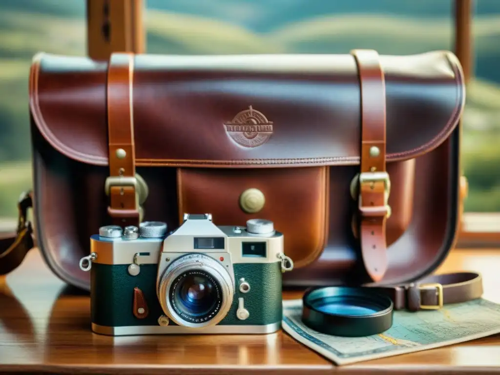 Una antigua cámara reposa sobre una bolsa de cuero, rodeada de mapas y binoculares en una mesa de madera iluminada por el cálido sol, evocando aventura y nostalgia